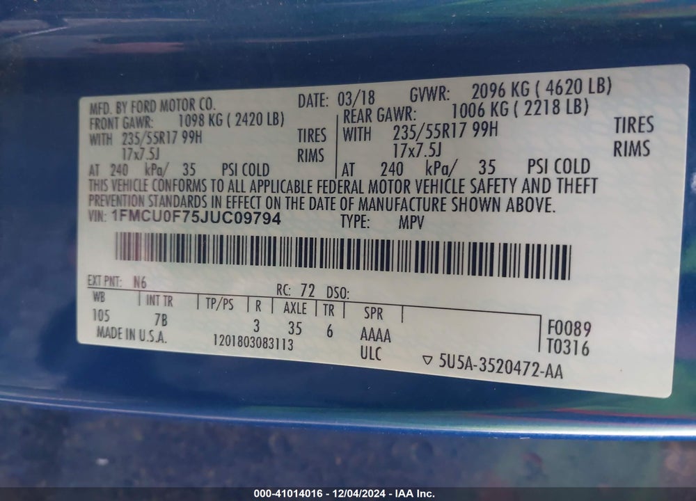 2018 FORD ESCAPE S VIN: 1FMCU0F75JUC09794