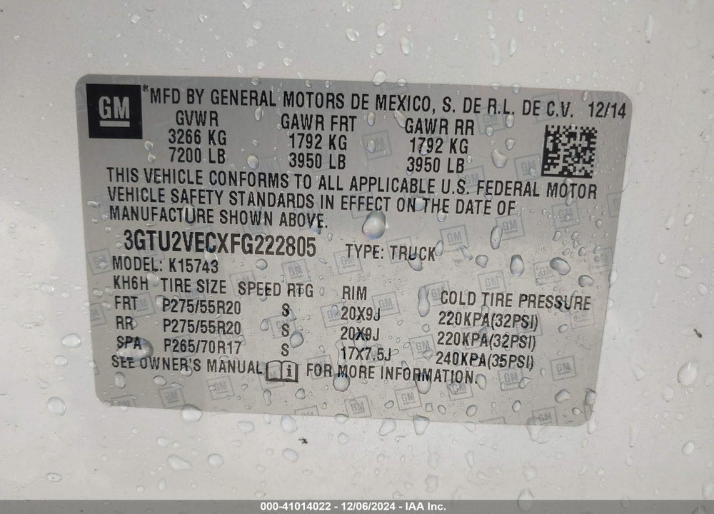 2015 GMC SIERRA 1500 SLT VIN: 3GTU2VECXFG222805
