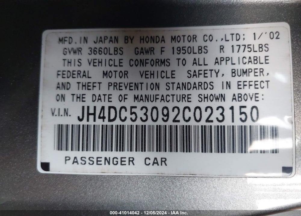2002 ACURA RSX TYPE-S VIN: JH4DC53092C023150