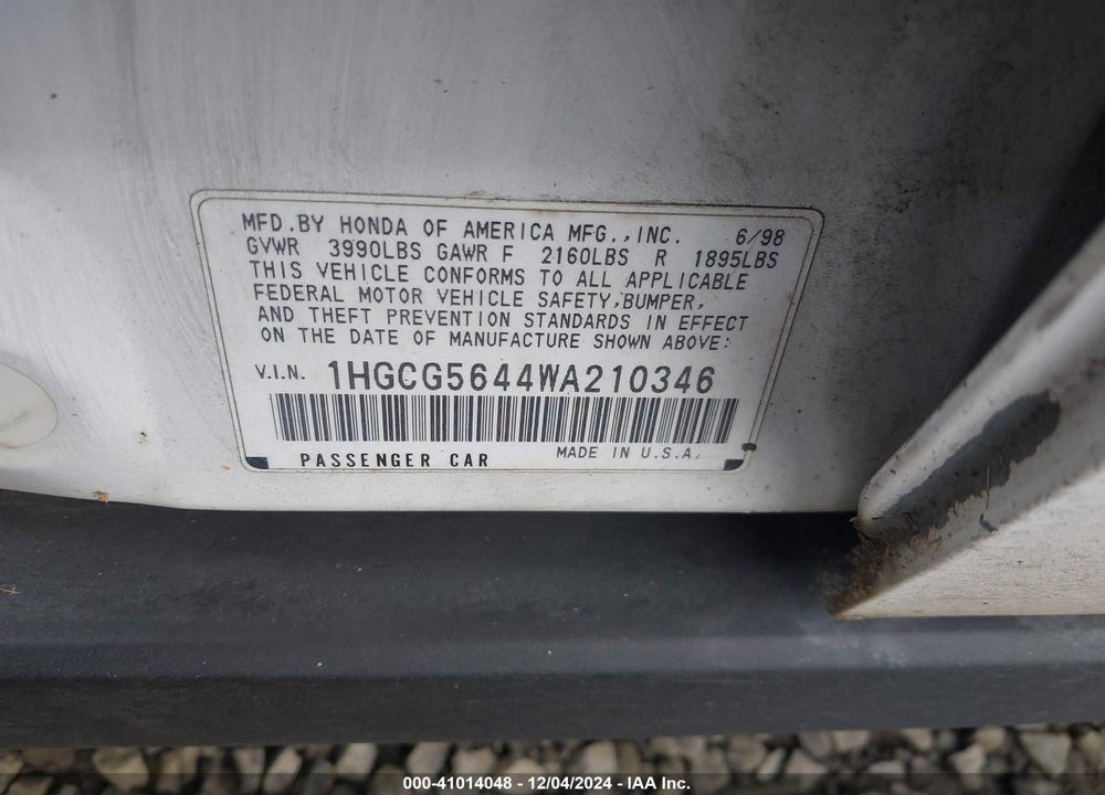 1998 HONDA ACCORD SDN LX VIN: 1HGCG5644WA210346