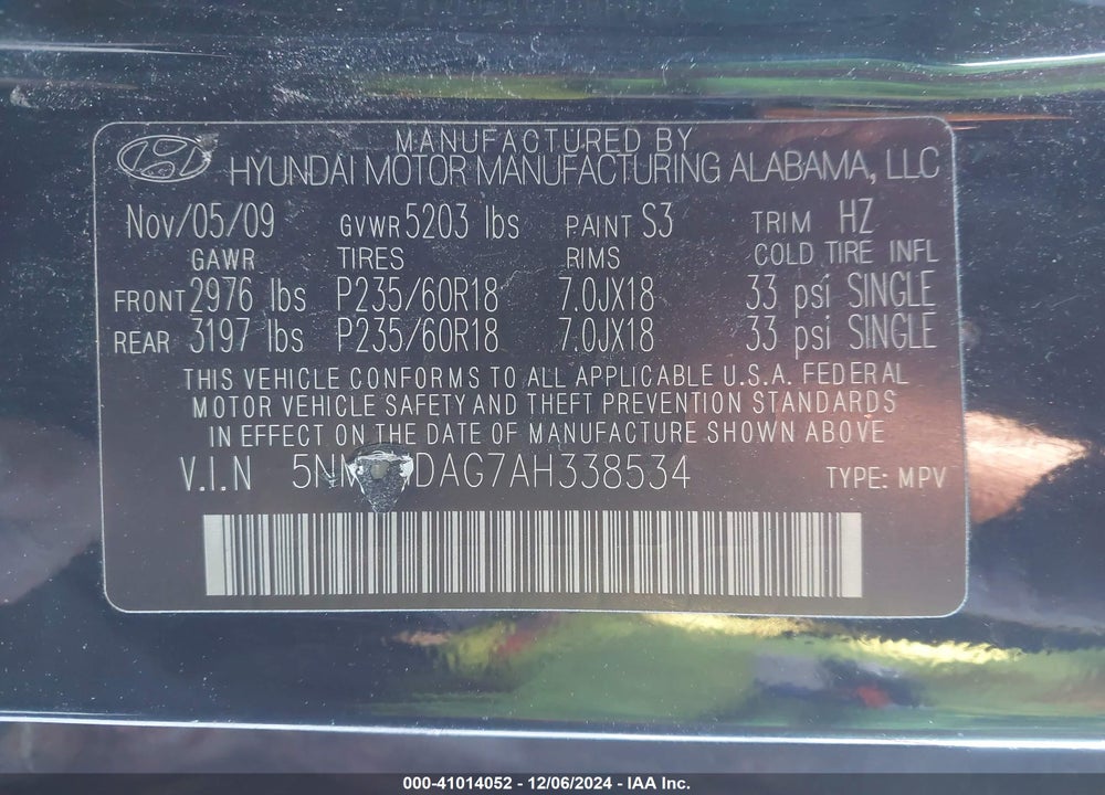 2010 HYUNDAI SANTA FE SE VIN: 5NMSHDAG7AH338534