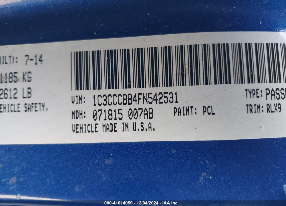 2015 CHRYSLER 200 S VIN: 1C3CCCBB4FN542531