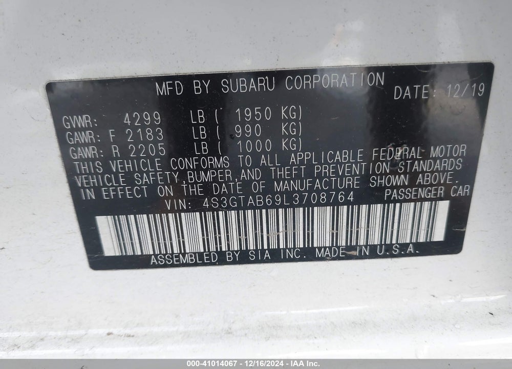 2020 SUBARU IMPREZA 5-DOOR VIN: 4S3GTAB69L3708764