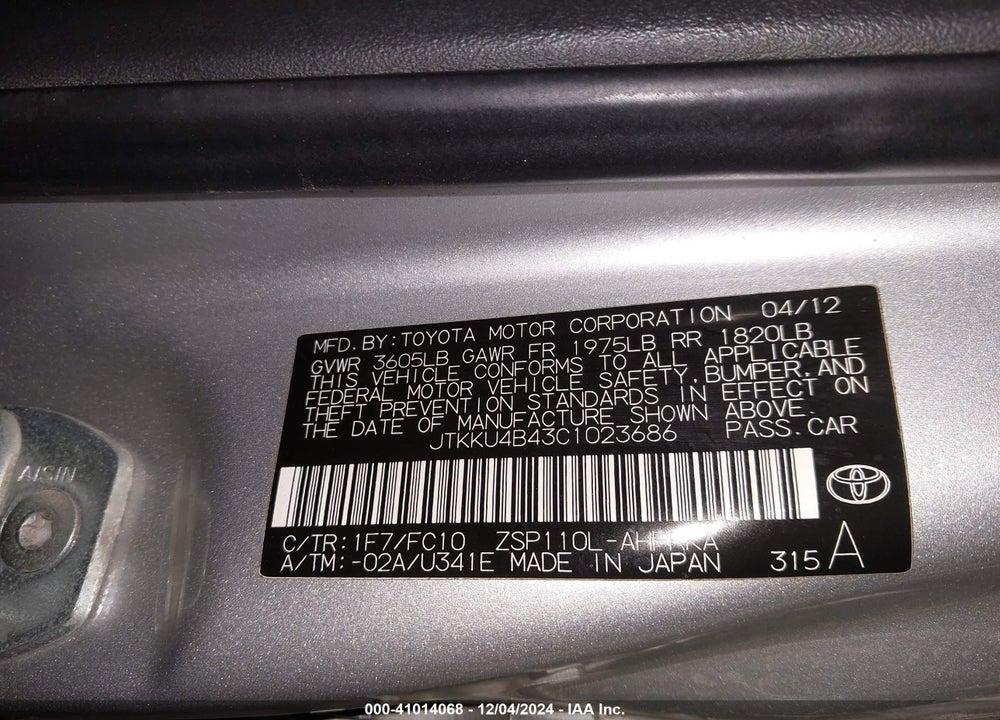 2012 SCION XD VIN: JTKKU4B43C1023686