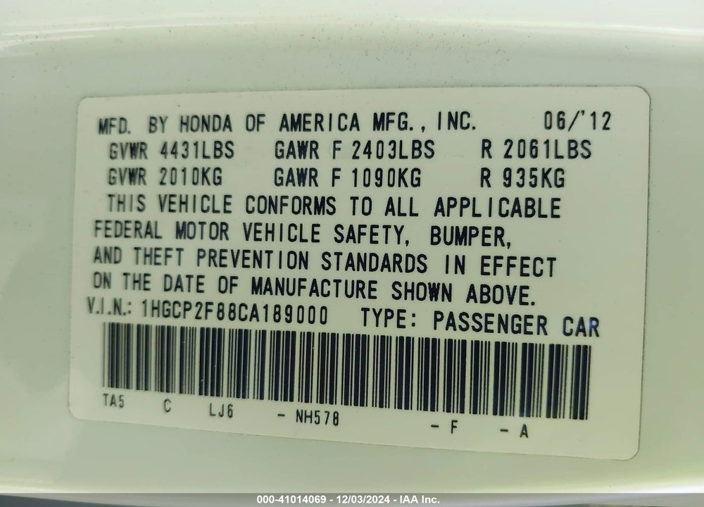 2012 HONDA ACCORD VIN: 1HGCP2F88CA189000