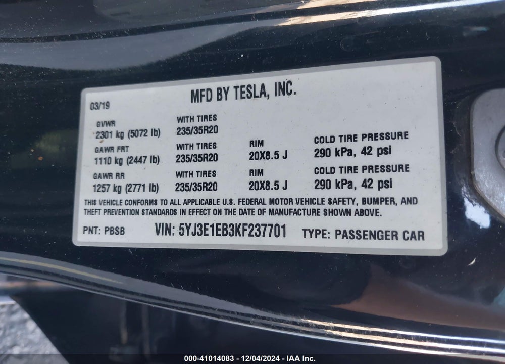 2019 TESLA MODEL 3 VIN: 5YJ3E1EB3KF237701