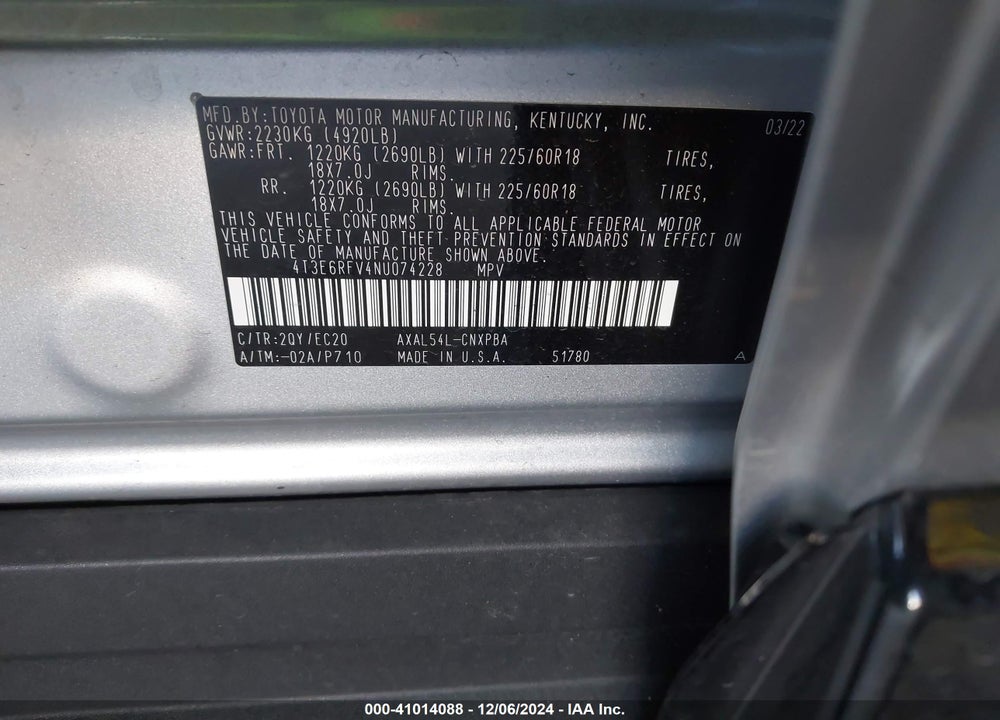 2022 TOYOTA RAV4 HYBRID XSE VIN: 4T3E6RFV4NU074228