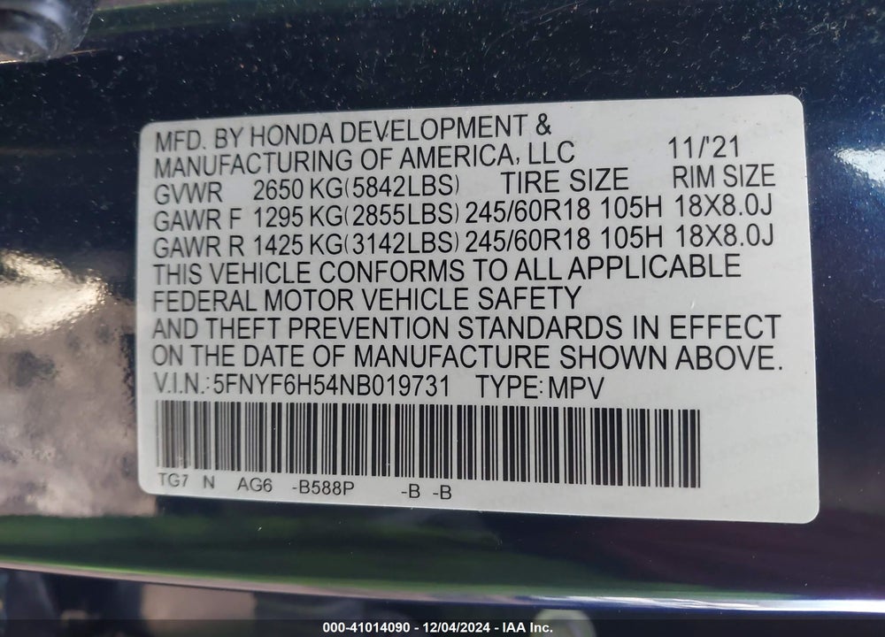 2022 HONDA PILOT AWD EX-L VIN: 5FNYF6H54NB019731