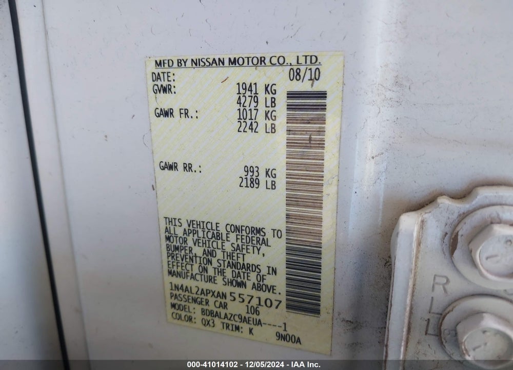 2010 NISSAN ALTIMA 2.5 VIN: 1N4AL2APXAN557107