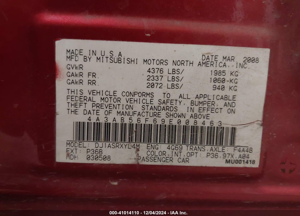 2009 MITSUBISHI GALANT ES VIN: 4A3AB56F69E008463