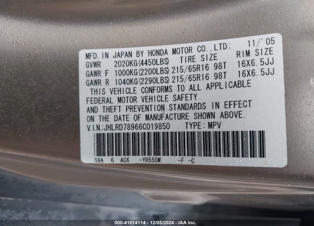 2006 HONDA CR-V SE VIN: JHLRD78966C019850