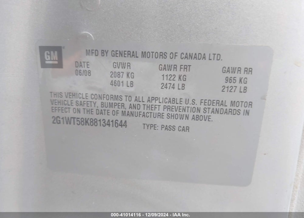 2008 CHEVROLET IMPALA LT VIN: 2G1WT58K881341644