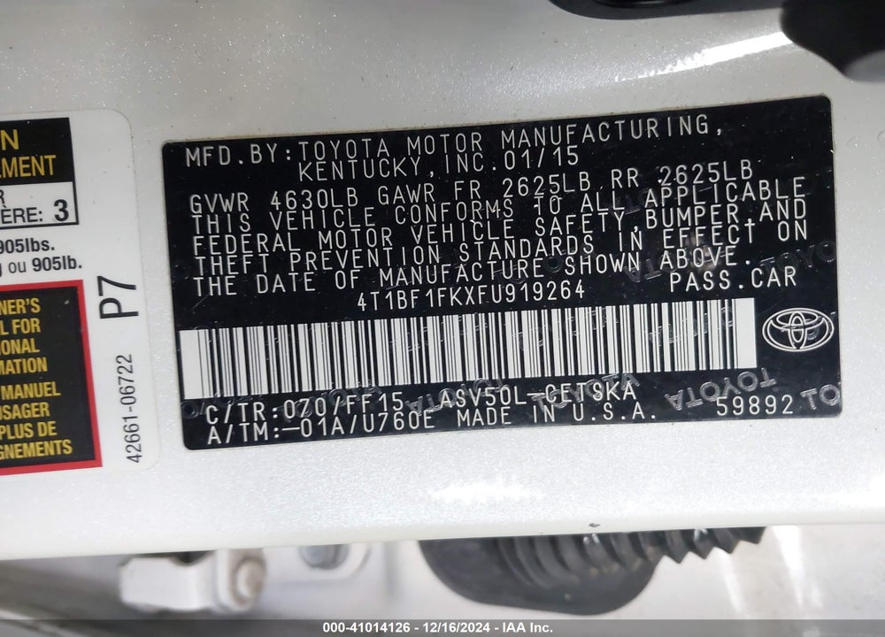 2015 TOYOTA CAMRY SE VIN: 4T1BF1FKXFU919264