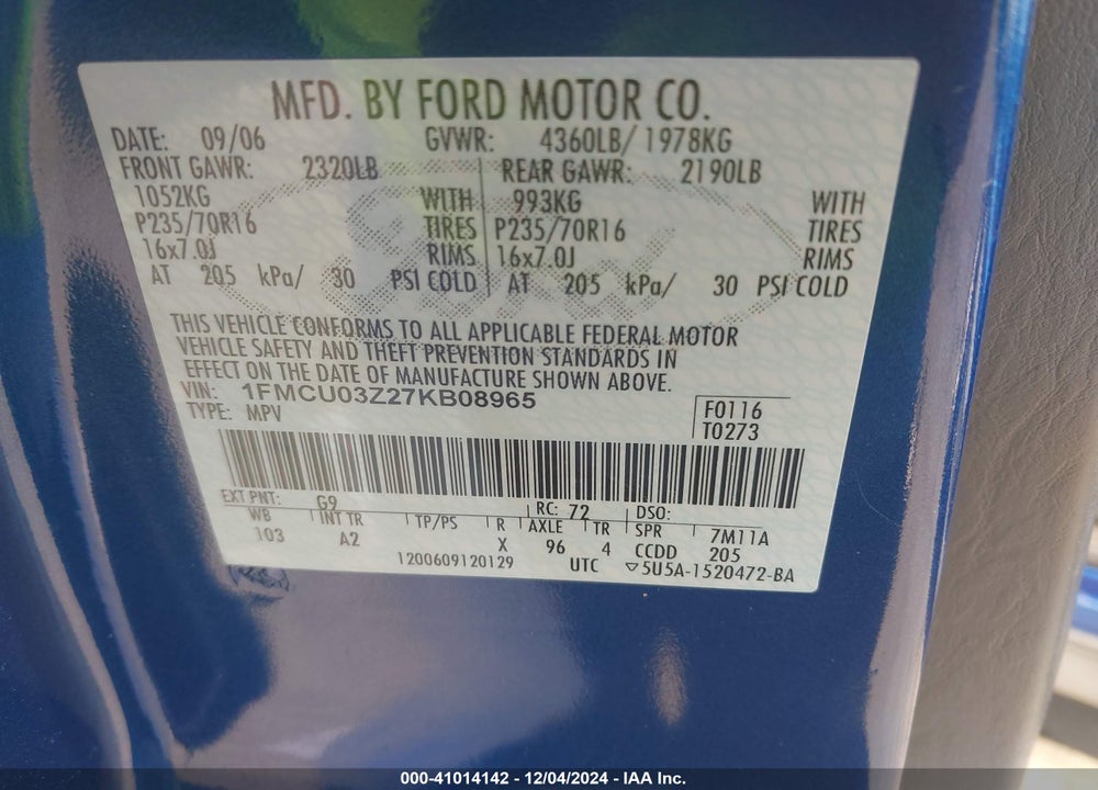 2007 FORD ESCAPE XLT VIN: 1FMCU03Z27KB08965