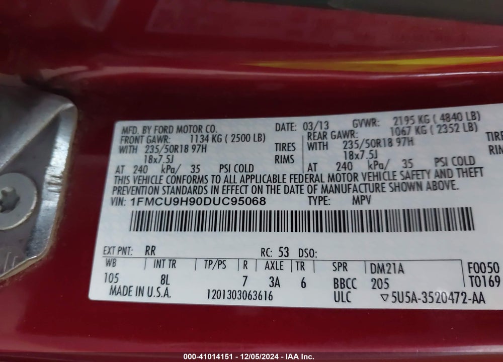 2013 FORD ESCAPE SEL VIN: 1FMCU9H90DUC95068