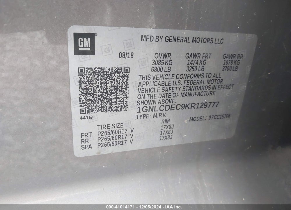 2019 CHEVROLET TAHOE COMMERCIAL FLEET VIN: 1GNLCDEC9KR129777