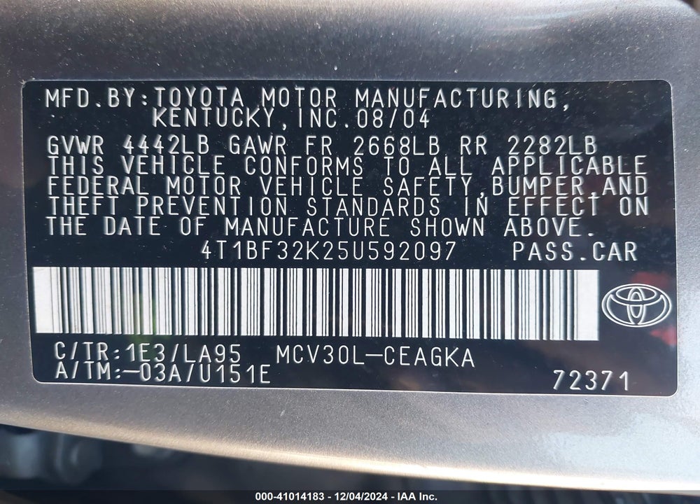 2005 TOYOTA CAMRY XLE V6 VIN: 4T1BF32K25U592097