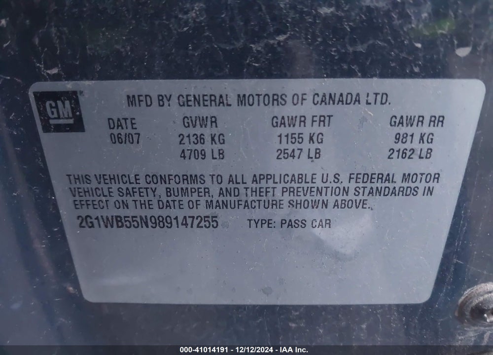 2008 CHEVROLET IMPALA LS VIN: 2G1WB55N989147255