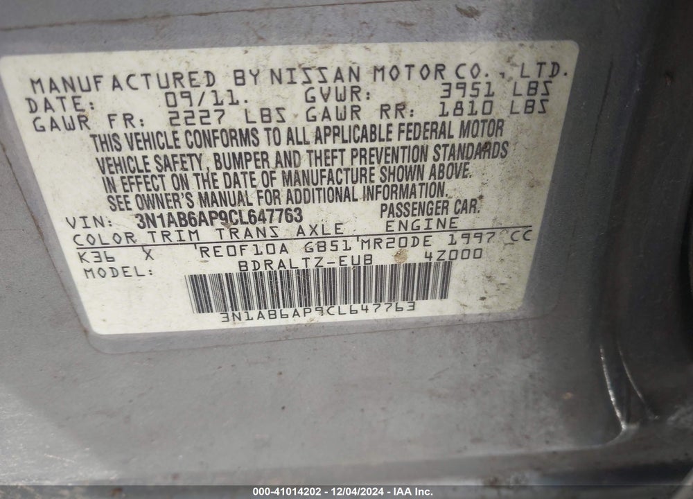 2012 NISSAN SENTRA 2.0 S VIN: 3N1AB6AP9CL647763