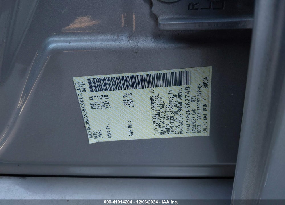 2012 NISSAN ALTIMA 2.5 S VIN: 1N4AL2AP5CN562749