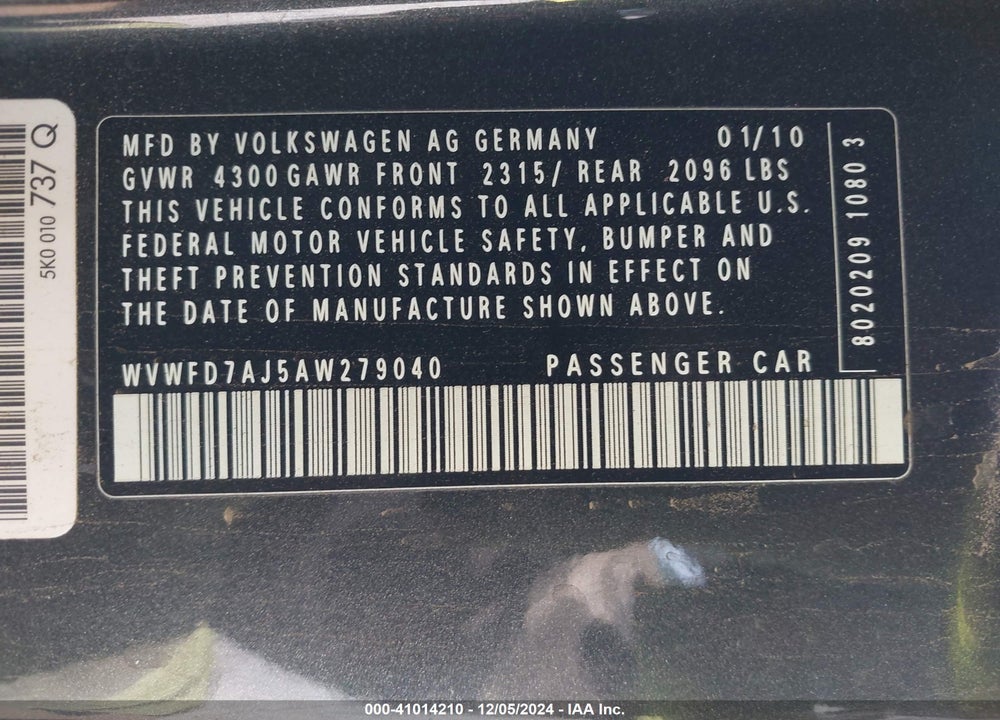 2010 VOLKSWAGEN GTI VIN: WVWFD7AJ5AW279040