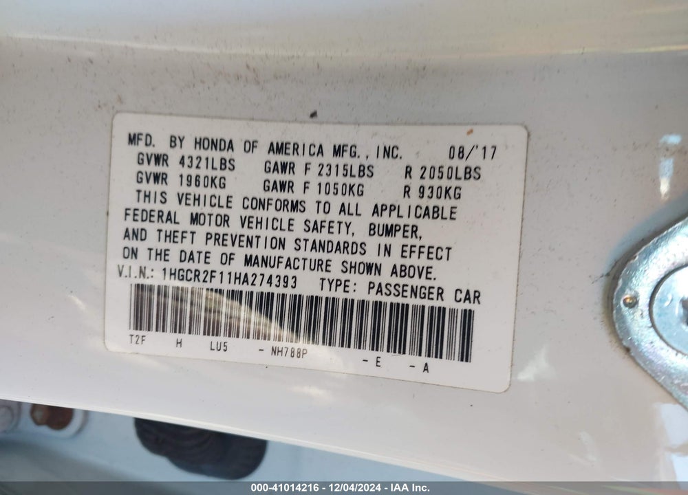 2017 HONDA ACCORD SPORT SE VIN: 1HGCR2F11HA274393