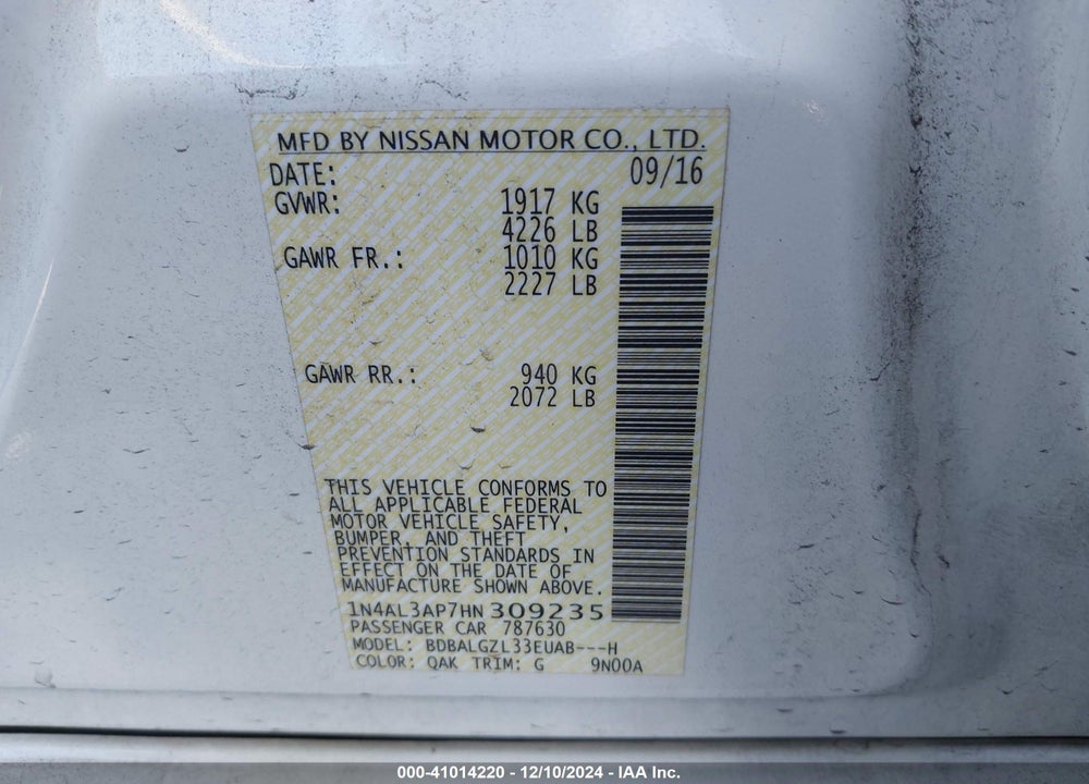 2017 NISSAN ALTIMA 2.5 S VIN: 1N4AL3AP7HN309235