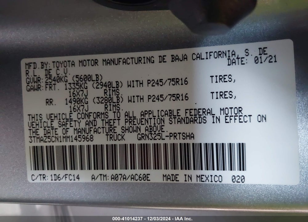 2021 TOYOTA TACOMA SR5 V6 VIN: 3TMAZ5CN1MM145968
