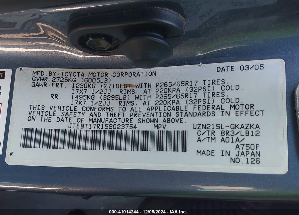 2005 TOYOTA 4RUNNER LIMITED V8 VIN: JTEBT17R158023754