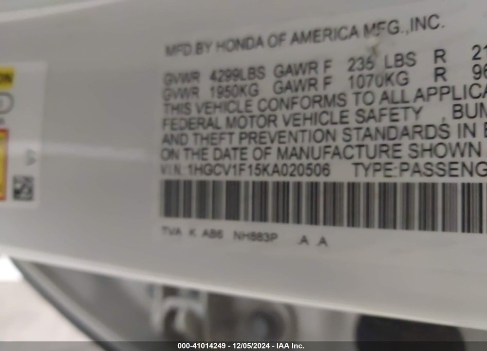 2019 HONDA ACCORD LX VIN: 1HGCV1F15KA020506
