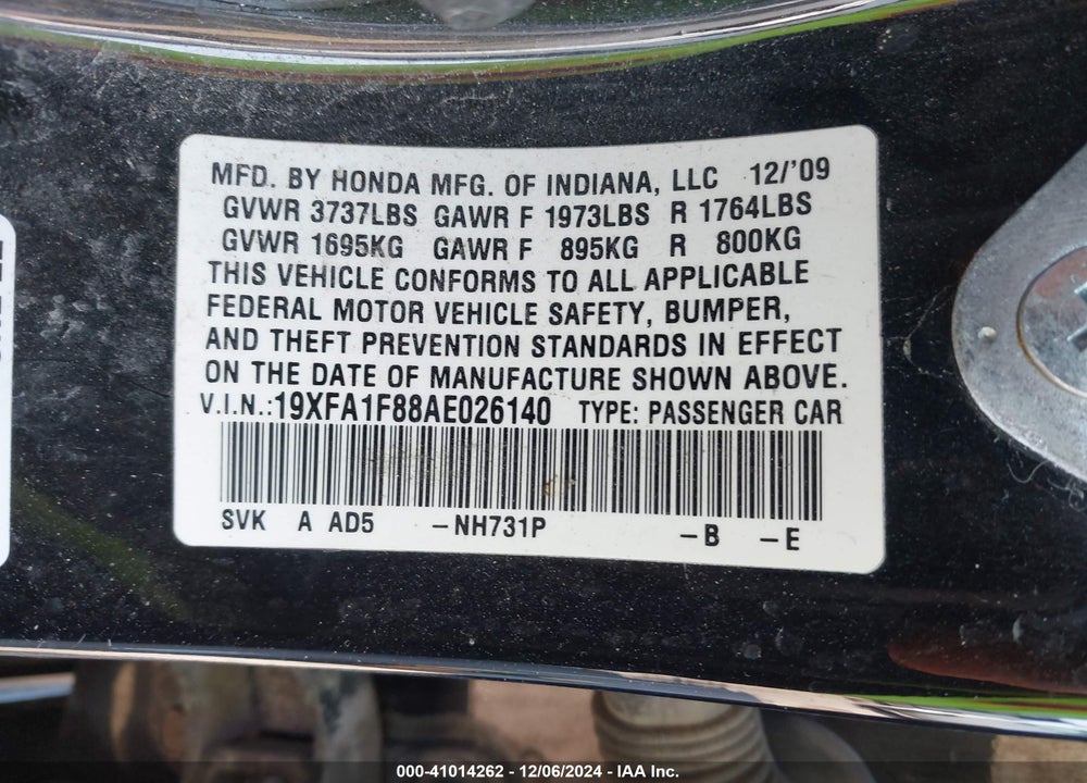 2010 HONDA CIVIC VIN: 19XFA1F88AE026140
