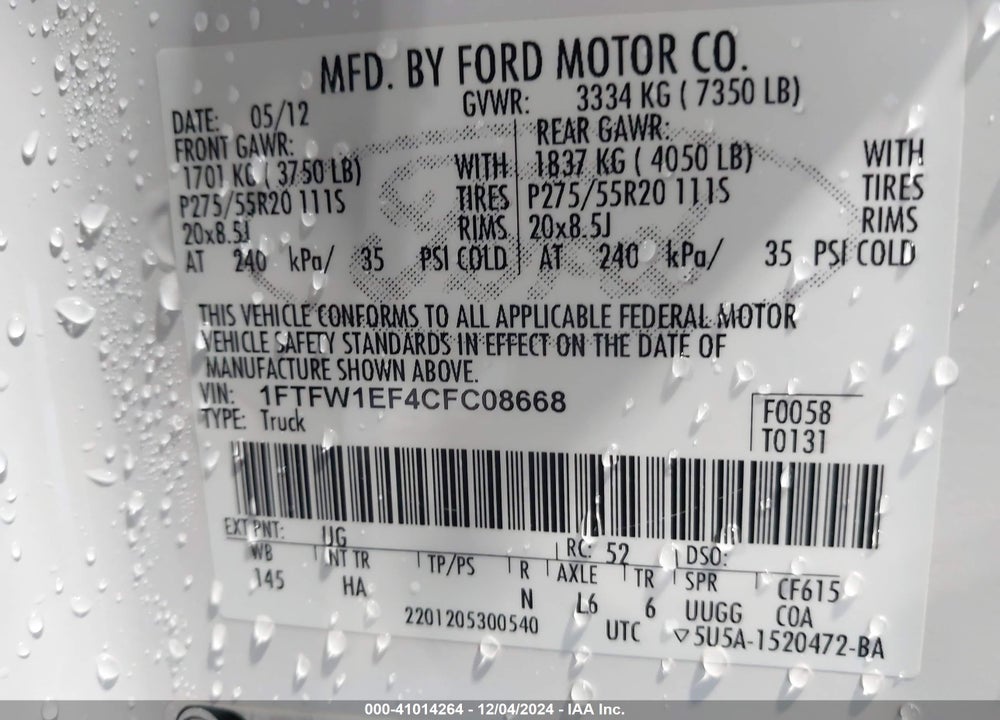 2012 FORD F-150 LARIAT VIN: 1FTFW1EF4CFC08668