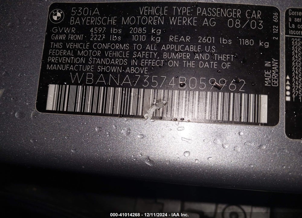 2004 BMW 530I VIN: WBANA73574B059962