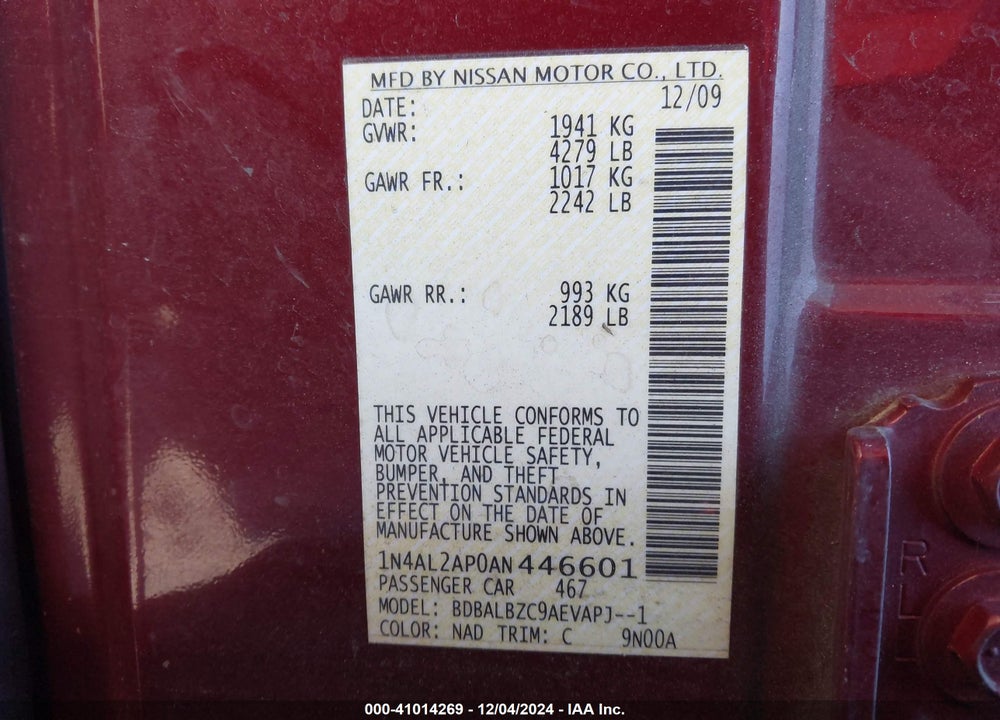 2010 NISSAN ALTIMA 2.5 S VIN: 1N4AL2AP0AN446601