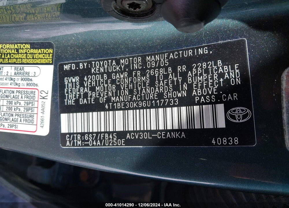 2006 TOYOTA CAMRY LE VIN: 4T1BE30K96U117733