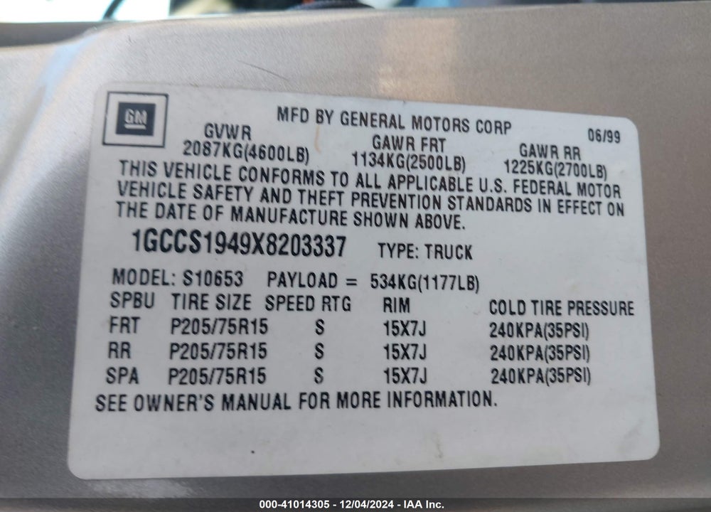1999 CHEVROLET S TRUCK S10 VIN: 1GCCS1949X8203337