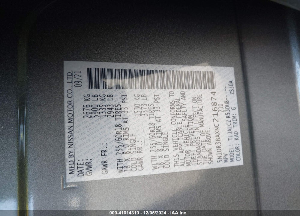2022 NISSAN PATHFINDER SV 2WD VIN: 5N1DR3BAXNC216874