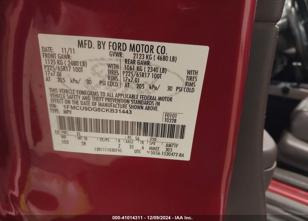 2012 FORD ESCAPE XLT VIN: 1FMCU9DG5CKB31443
