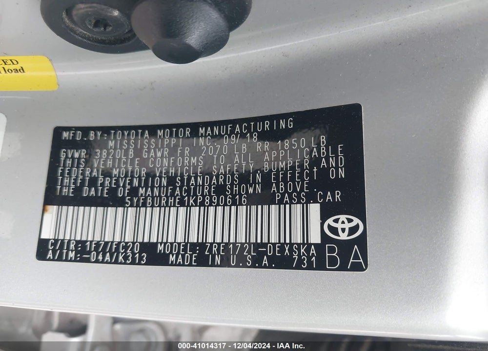 2019 TOYOTA COROLLA VIN: 5YFBURHE1KP890616