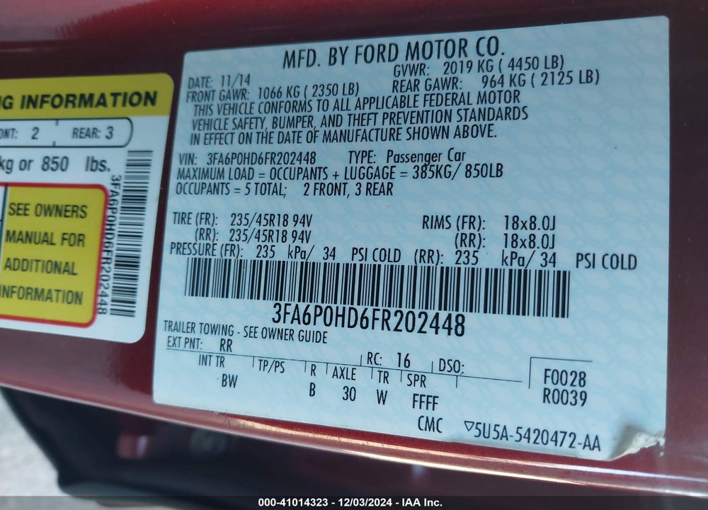 2015 FORD FUSION VIN: 3FA6P0HD6FR202448
