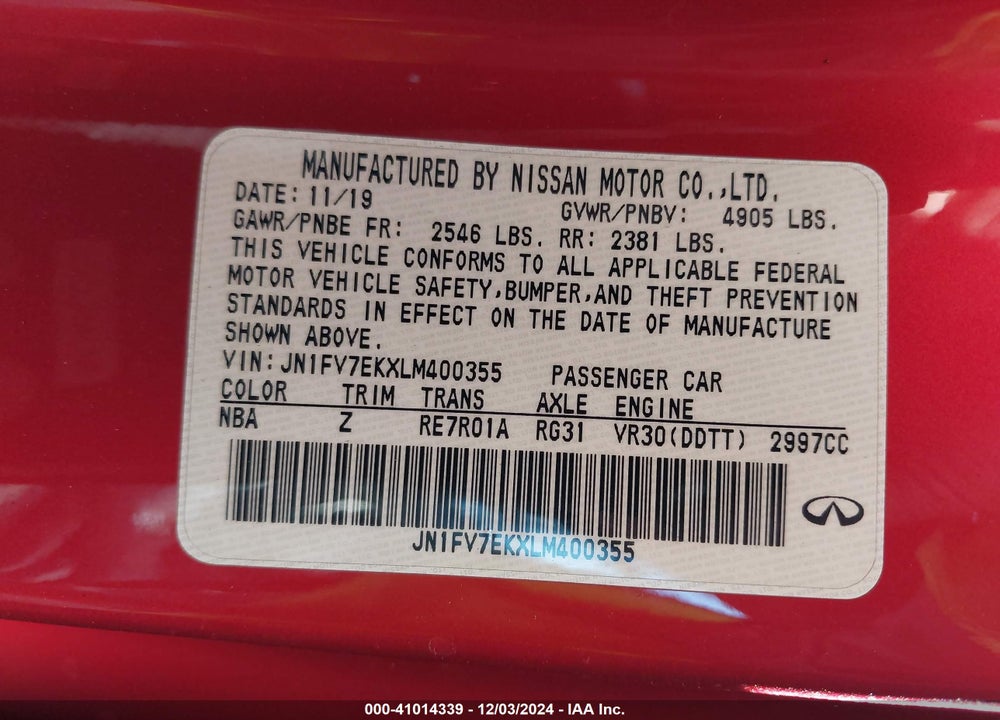 2020 INFINITI Q60 RED SPORT 400 VIN: JN1FV7EKXLM400355