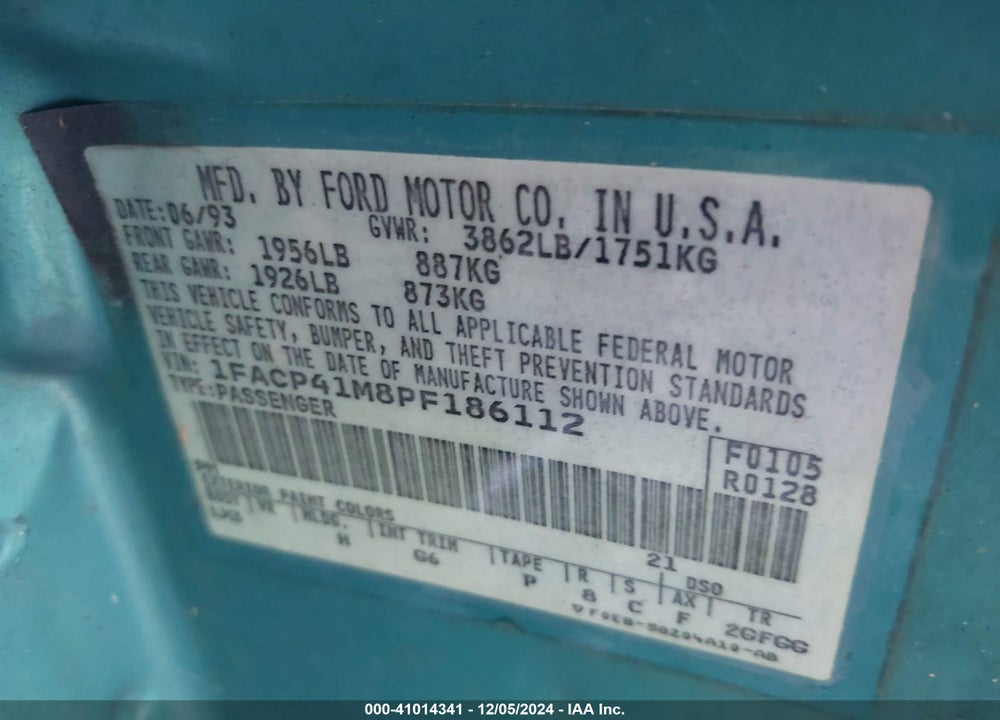 1993 FORD MUSTANG LX VIN: 1FACP41M8PF186112