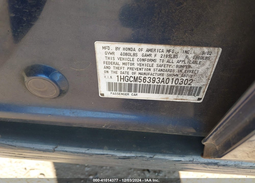 2003 HONDA ACCORD 2.4 LX VIN: 1HGCM56393A010302