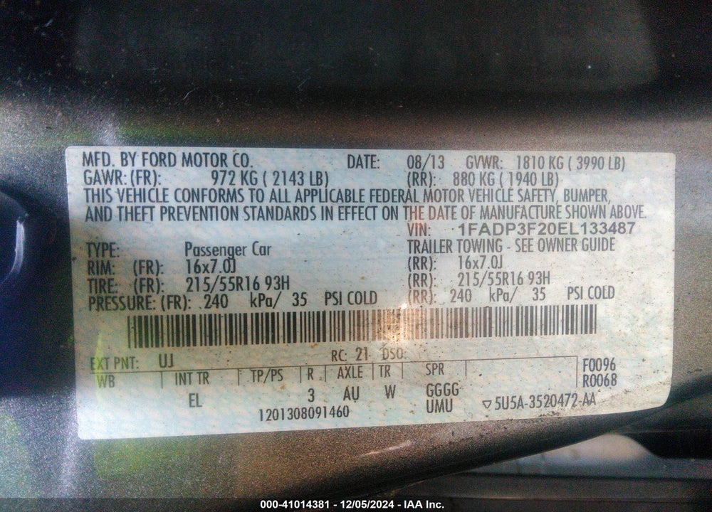 2014 FORD FOCUS VIN: 1FADP3F20EL133487