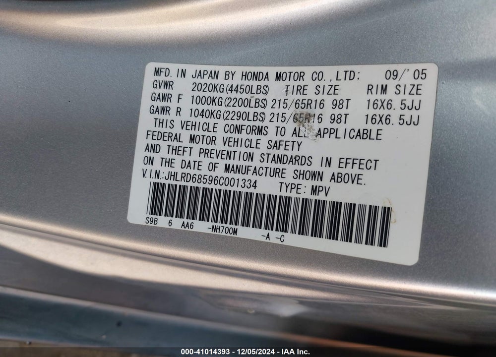 2006 HONDA CR-V LX VIN: JHLRD68596C001334
