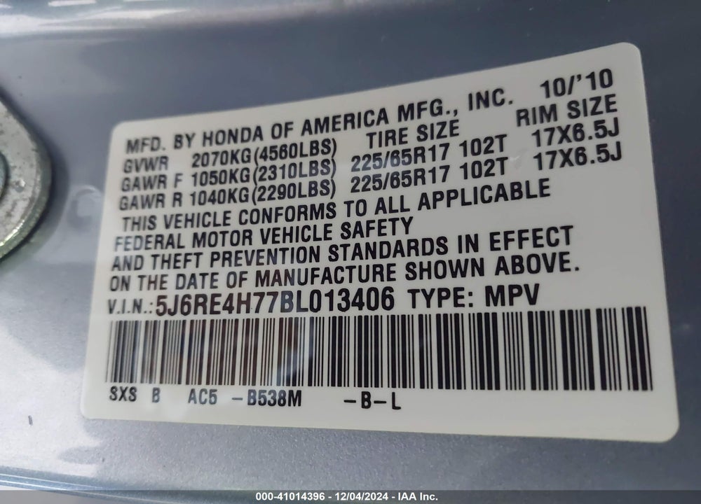 2011 HONDA CR-V EX-L VIN: 5J6RE4H77BL013406
