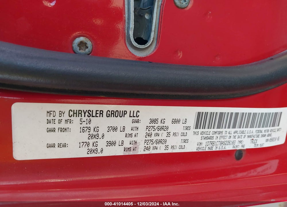 2010 DODGE RAM 1500 SLT/SPORT/TRX VIN: 1D7RB1CT8AS226103