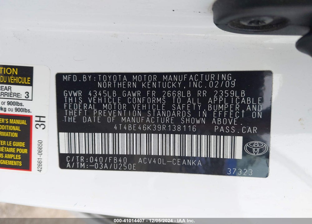 2009 TOYOTA CAMRY LE VIN: 4T4BE46K39R138116