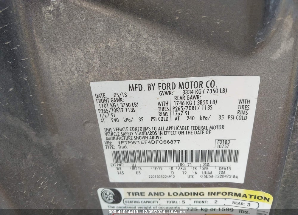 2013 FORD F-150 VIN: 1FTFW1EF4DFC66877