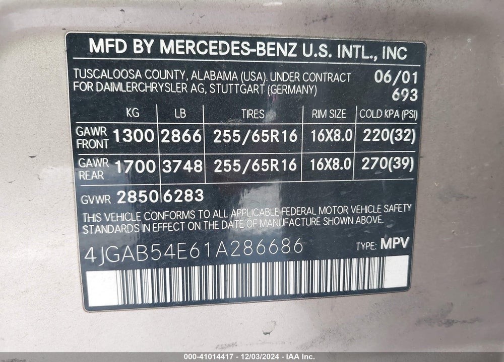 2001 MERCEDES-BENZ ML 320 VIN: 4JGAB54E61A286686